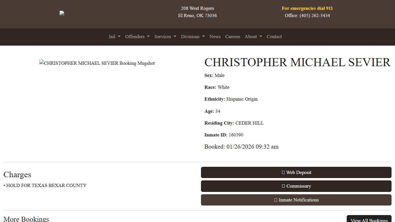 CHRISTOPHER SEVIER Booked at the Canadian County Jail